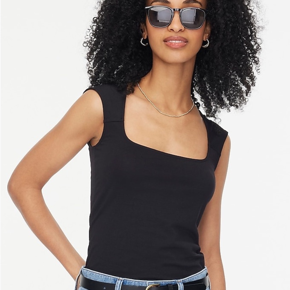 NWT J.Crew Cap-sleeve stretch cotton-blend squareneck tank top XS Black Casual